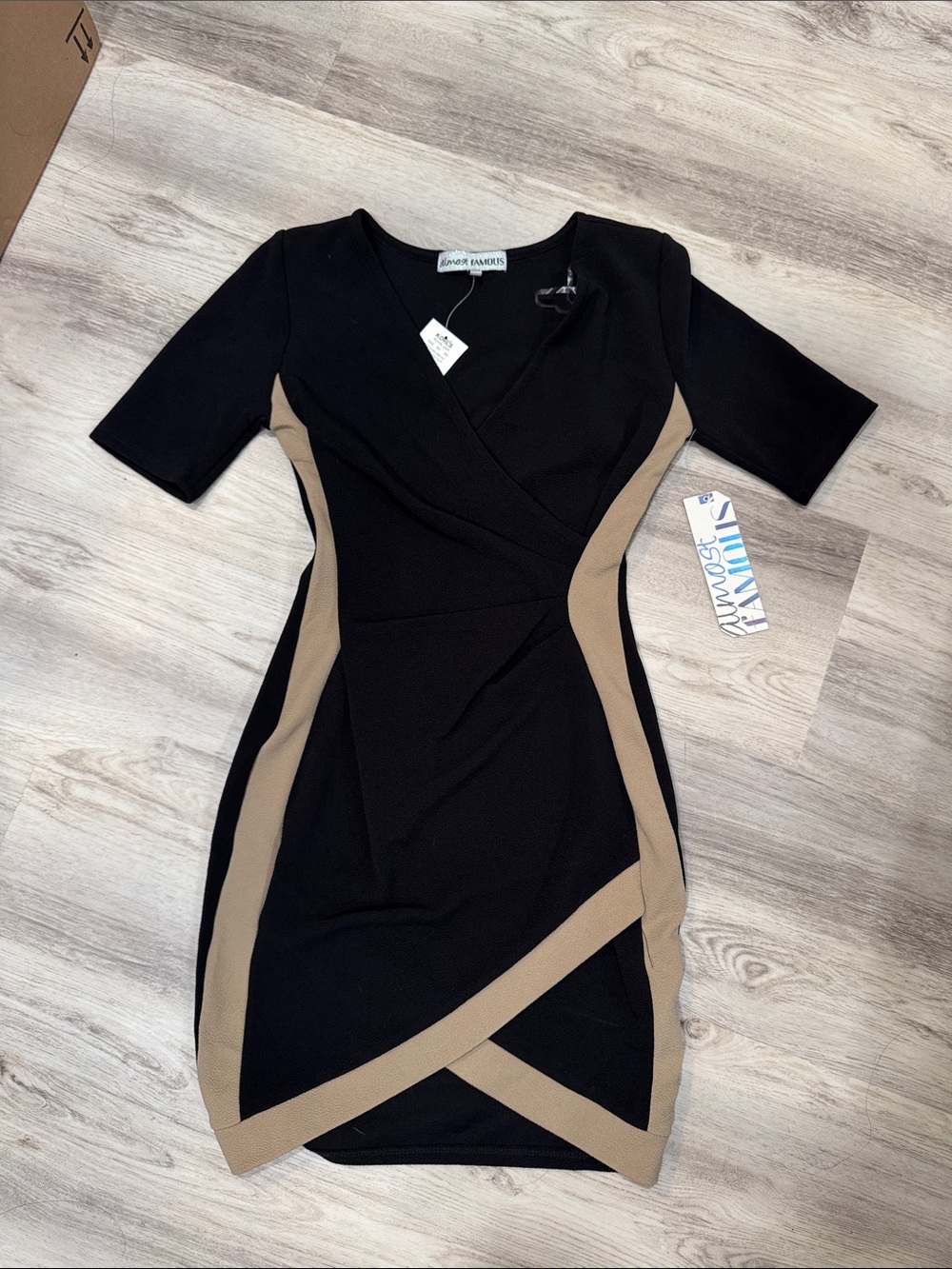 Almost Famous Black Midi Dress with Tan Contrast Panels